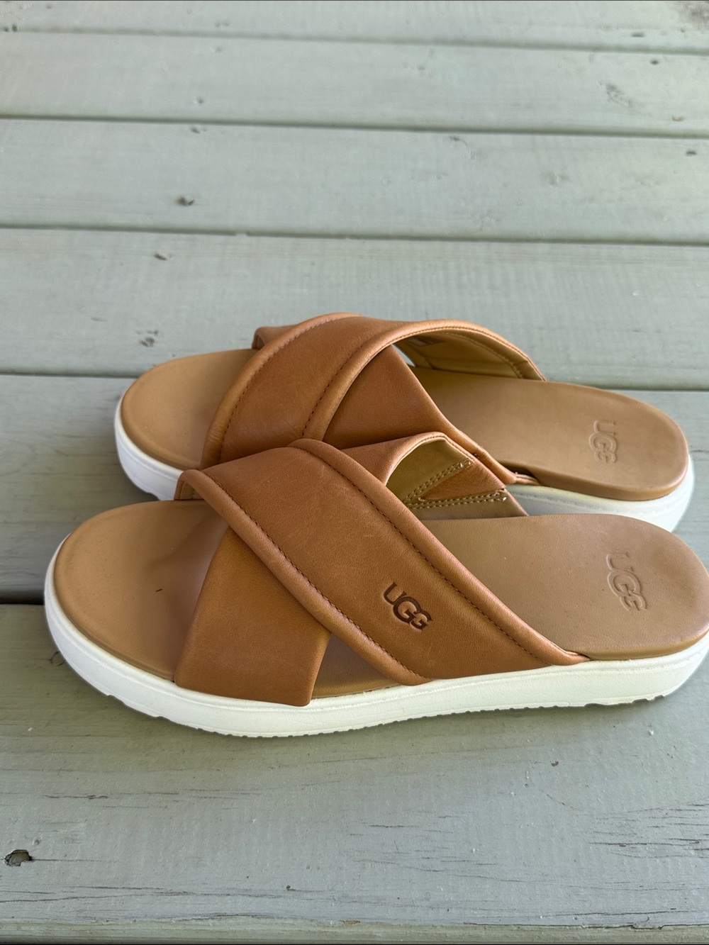 UGG Chestnut Zayne Crossband  Leather Slide Sandals with White Sole